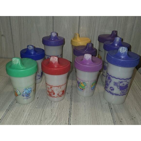 Vtg 90s Playtex Sippy Cups Valves Lot Of 10 Dinosaur Fish Chick Train Flaw Read - Picture 2 of 16